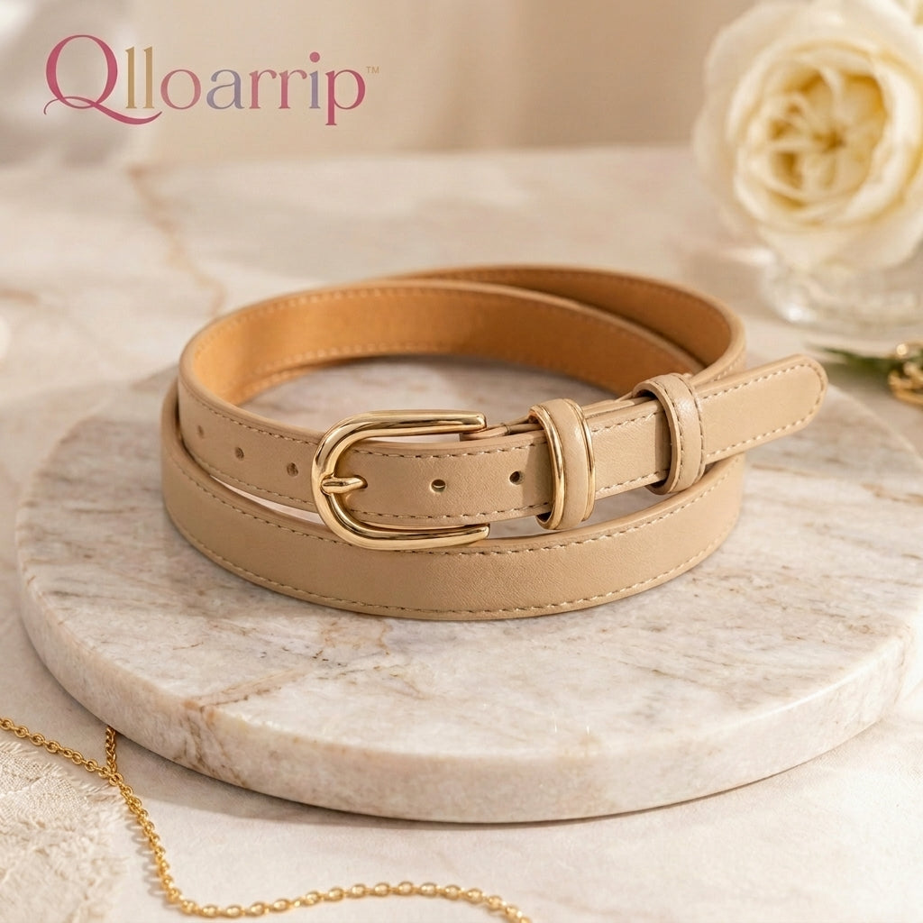 Qlloarrip™ Maren Slim Oval Buckle Belt – Women's Faux Leather Dress Belt, Adjustable Everyday Waist Belt