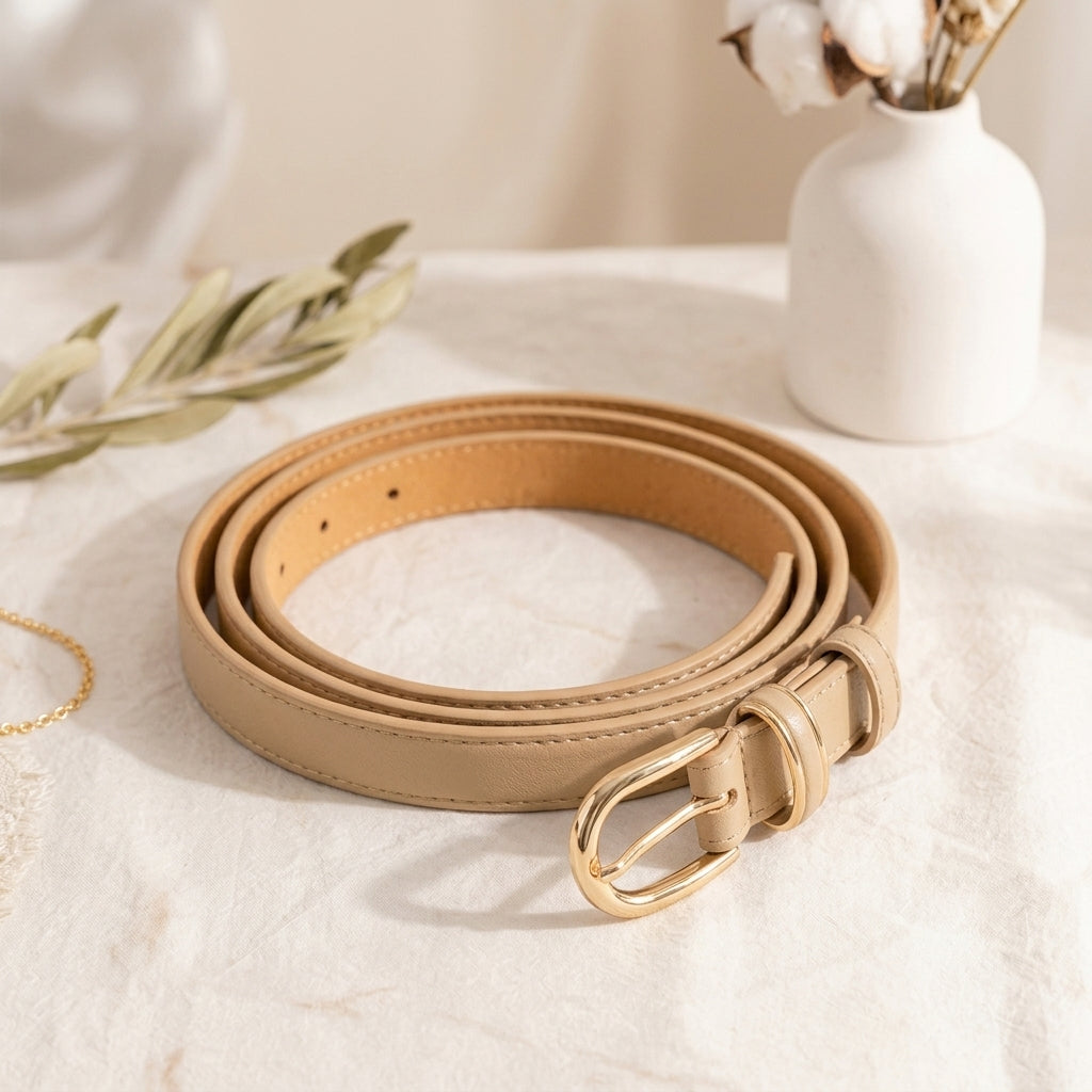 Qlloarrip™ Maren Slim Oval Buckle Belt – Women's Faux Leather Dress Belt, Adjustable Everyday Waist Belt
