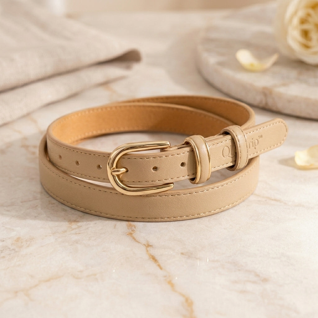 Qlloarrip™ Maren Slim Oval Buckle Belt – Women's Faux Leather Dress Belt, Adjustable Everyday Waist Belt