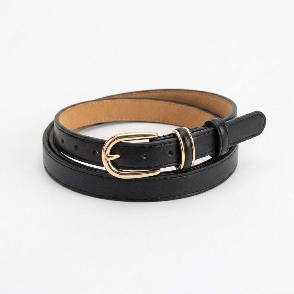Qlloarrip™ Maren Slim Oval Buckle Belt – Women's Faux Leather Dress Belt, Adjustable Everyday Waist Belt