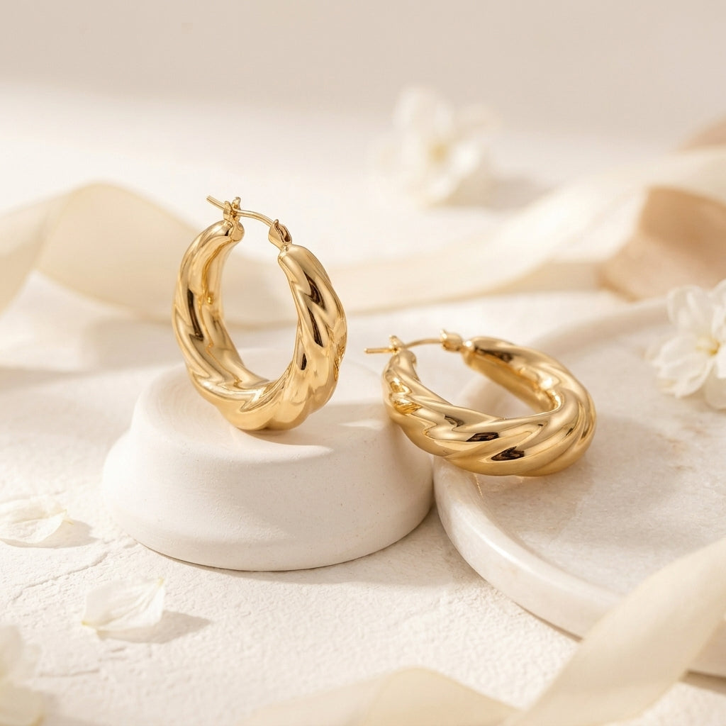 Qlloarrip™ Lumi Sculpted Hoop Earrings – Women's Gold-Tone Lightweight Statement Hoops, Everyday Jewelry